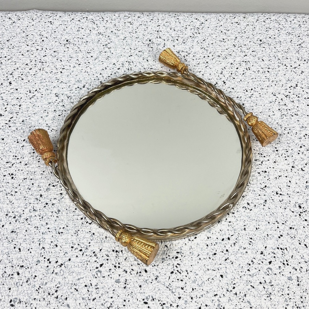 Vintage Hollywood Regency Round Mirror Vanity Tray‎ Rope Gold Tassel Handles 8"